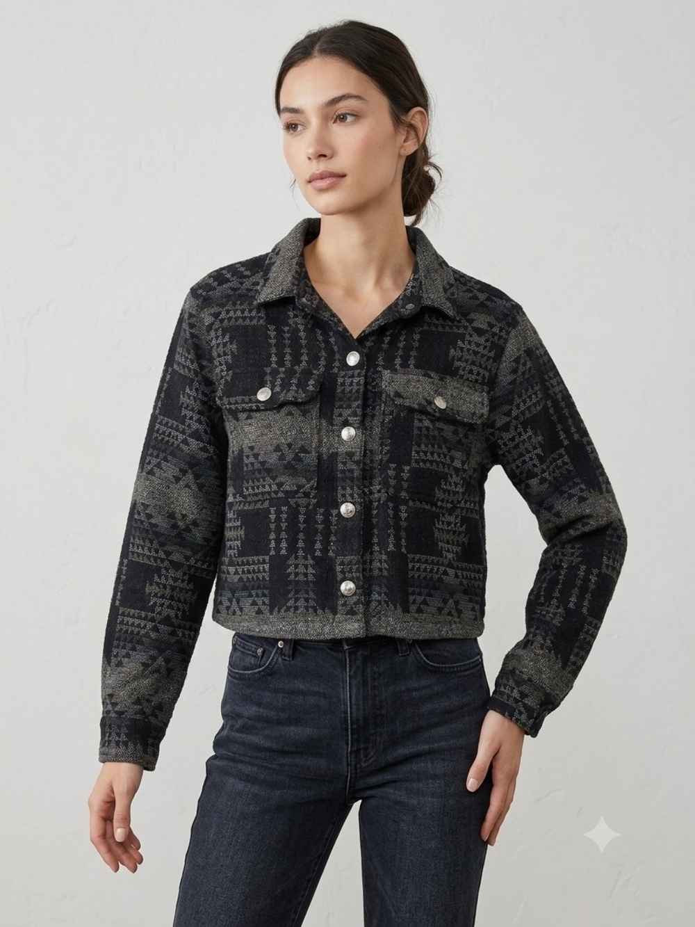 Cropped Geometric Jean Jacket - Black/Grey